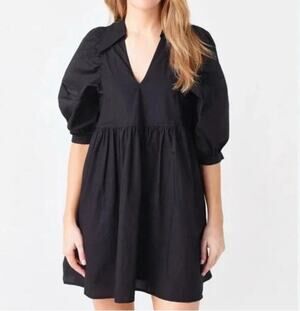 Hunter Bell Tuckernuck Noah Women's Black Puff Sleeve Vneck Mini Dress XS
